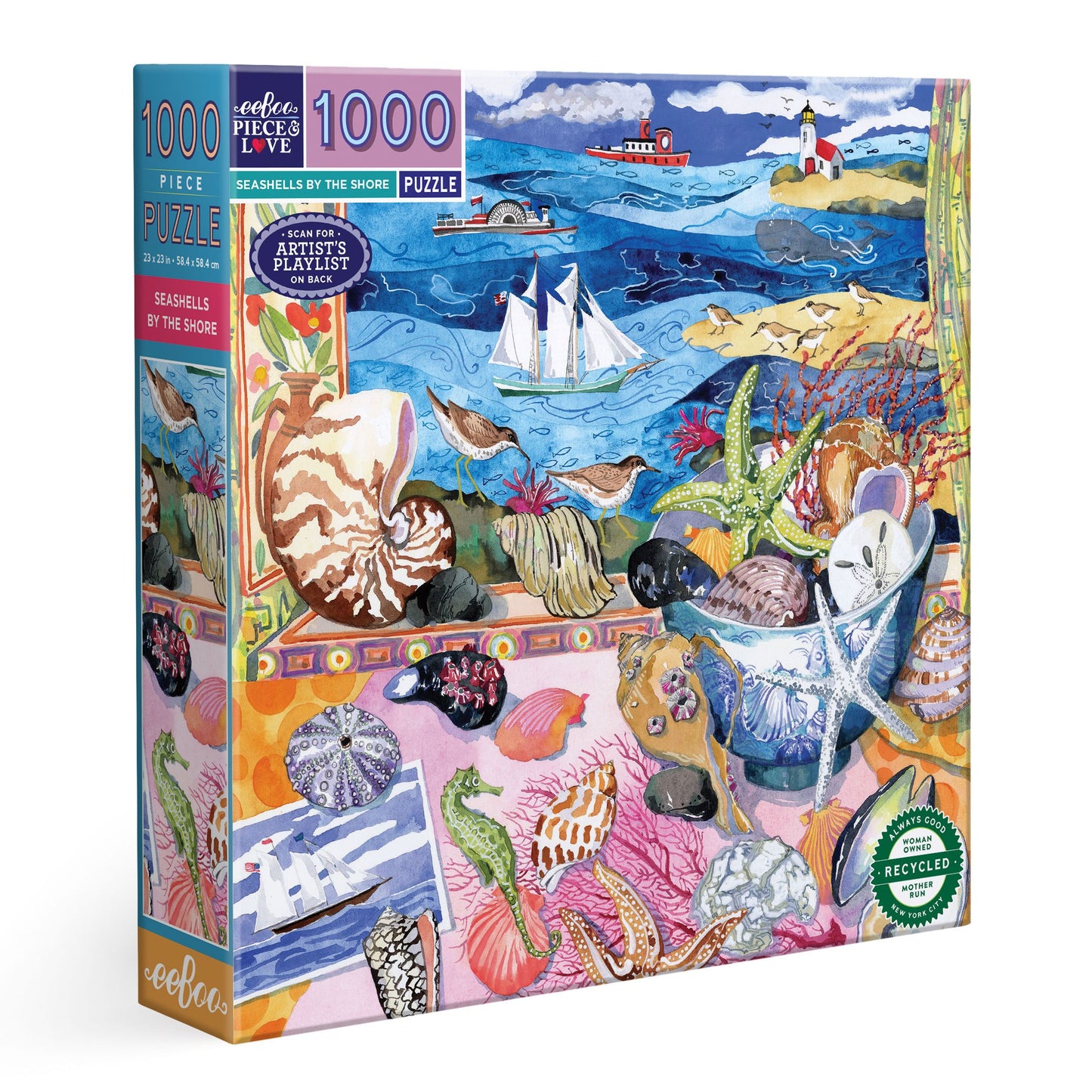 Jigsaw puzzle with a colorful design of seashells and coastal elements. Seashells by the Shore 1000 Piece Puzzle by eeBoo | Unique Beautiful Gifts