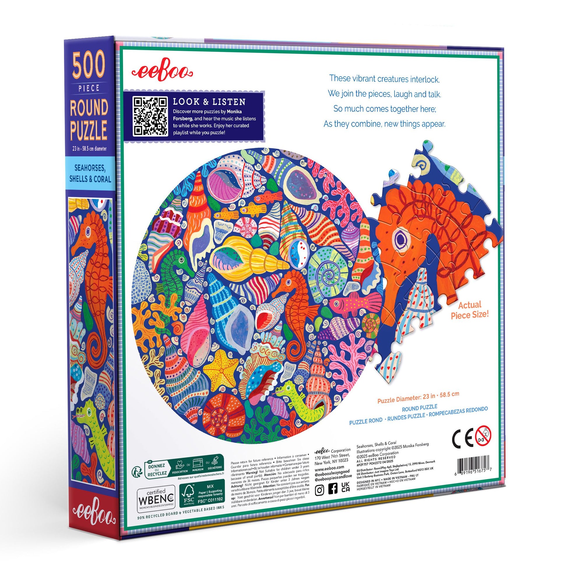 Round puzzle with colorful sea-themed design. Seahorses, Shells & Coral 500 Round Puzzle by eeBoo | Unique Beautiful Gifts