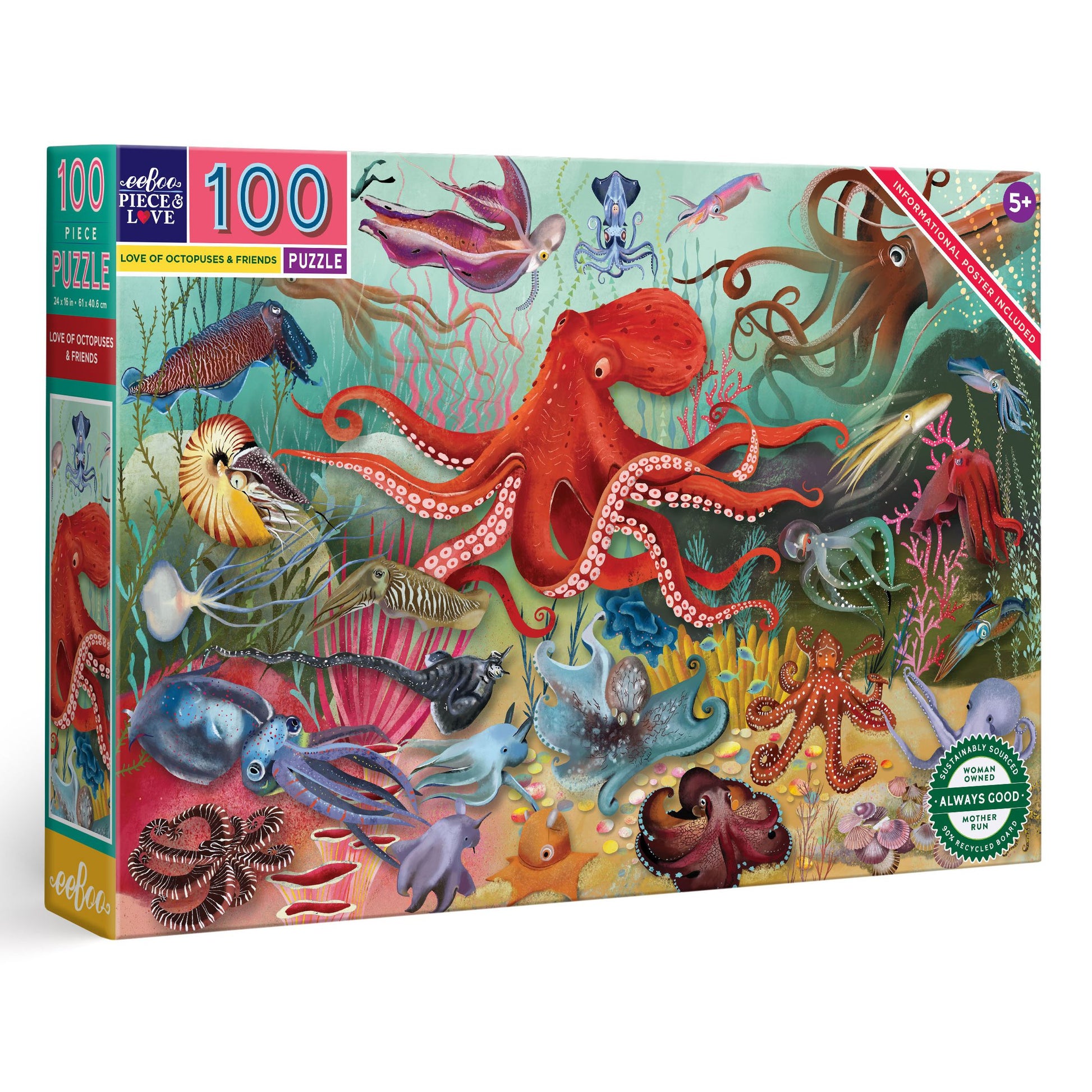 Jigsaw puzzle box with colorful octopus design on a white background