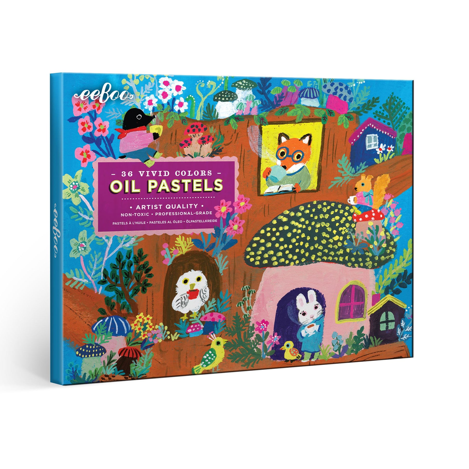Box of oil pastels with a colorful illustration of animals and houses on a blue background. Yumi's Mushroom House 36 Oil Pastels by eeBoo | Unique Fun Gifts