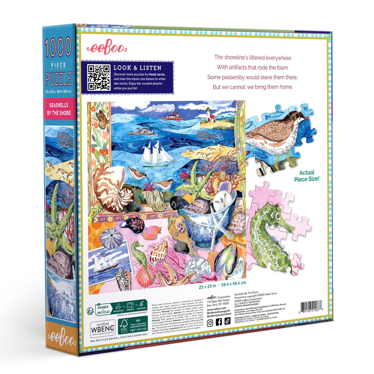 Eeboo 1000 piece puzzle box with ocean-themed illustrations. Seashells by the Shore 1000 Piece Puzzle by eeBoo | Unique Beautiful Gifts
