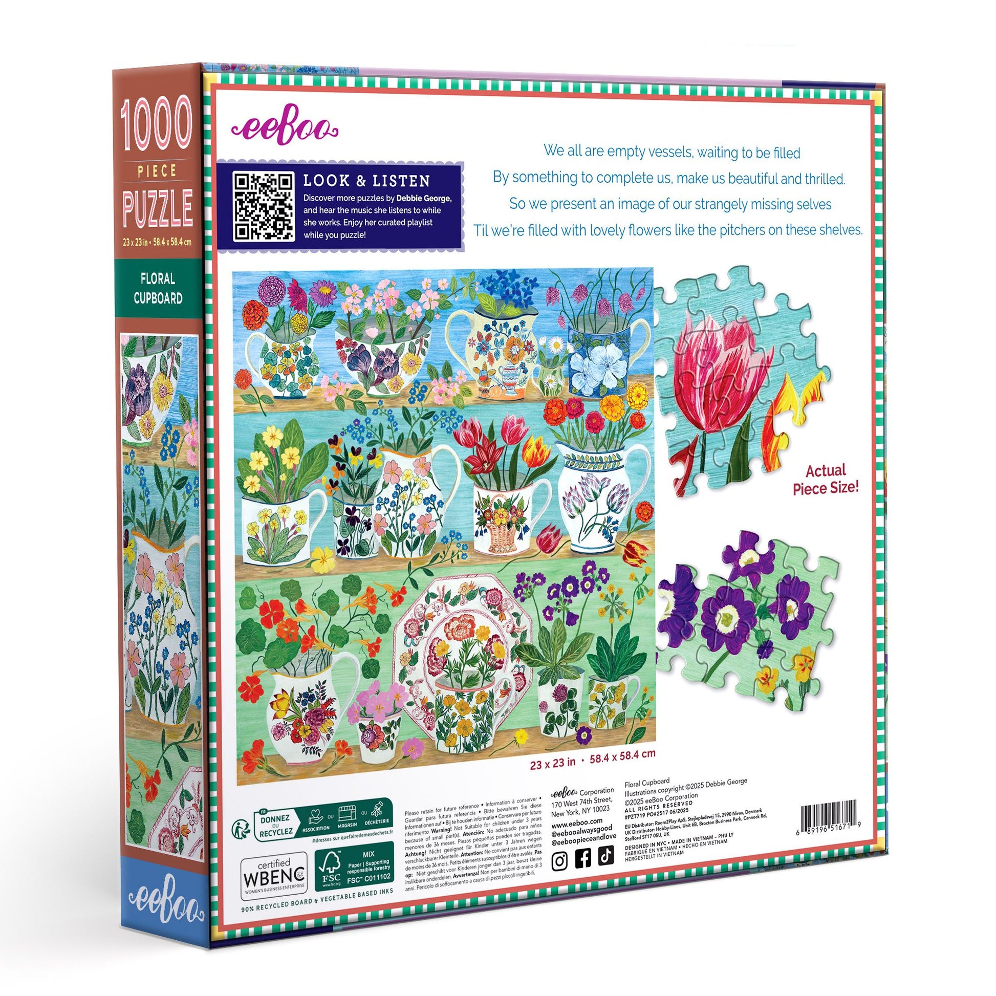 Floral puzzle packaging with colorful illustrations of flowers and vases. Floral Cupboard 1000 Piece Puzzle by eeBoo | Unique Beautiful Gifts