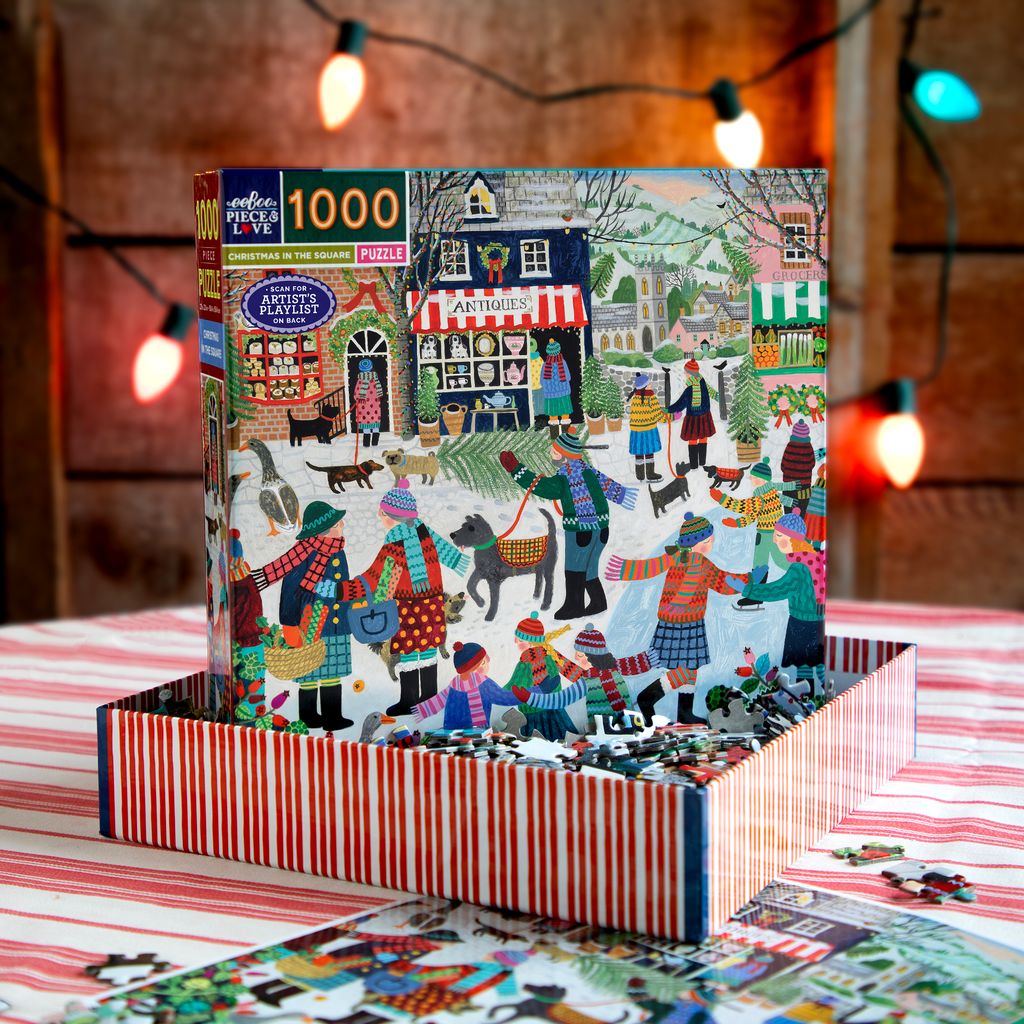 Jigsaw puzzle  with a colorful illustration of a Christmas scene in a town square.