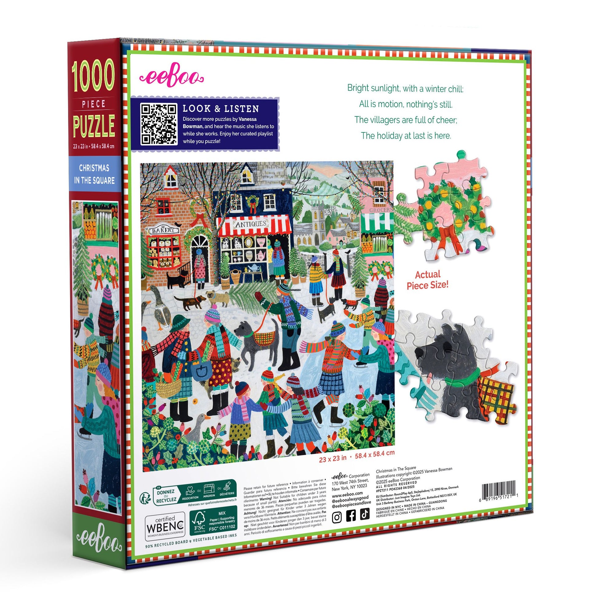 Jigsaw puzzle box with a colorful illustration of a village scene and 'eeBoo' branding.