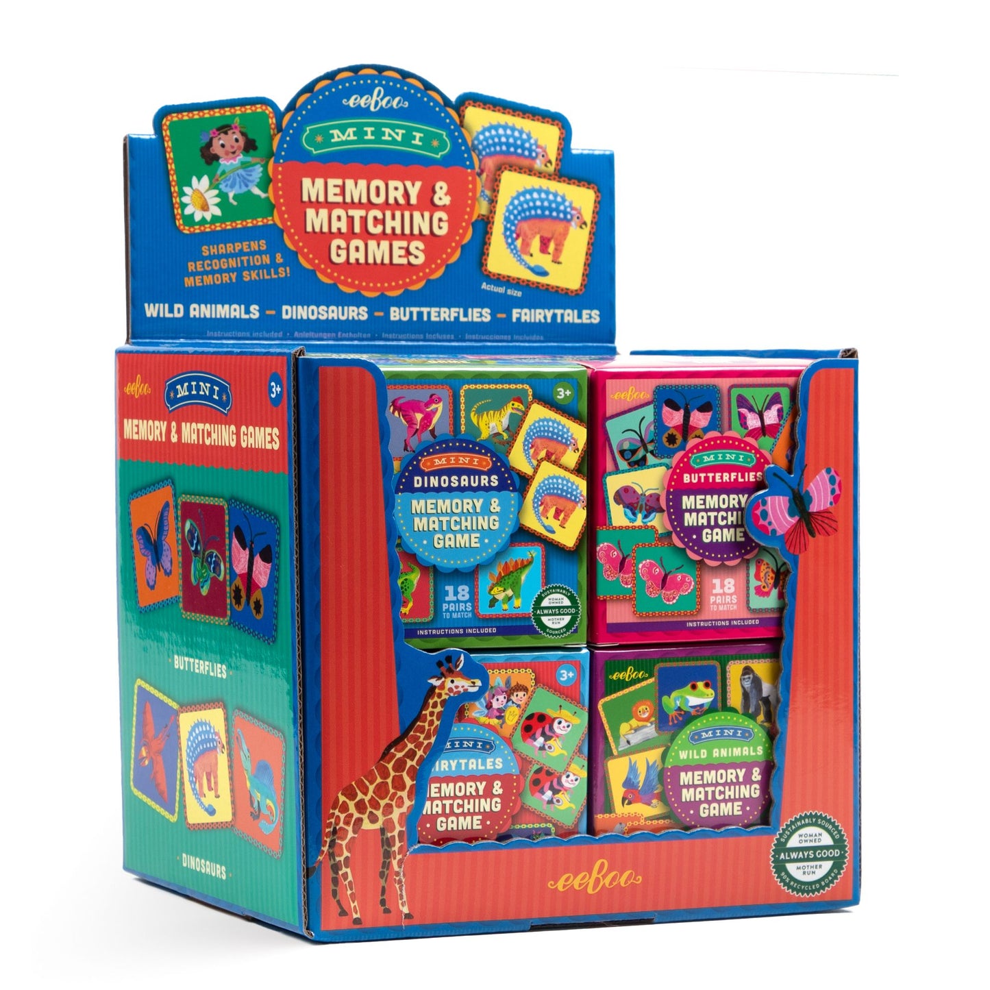 Display of Eeboo mini memory and matching games with colorful packaging. Mini Memory Game Assortment (16) by eeBoo | Unique Fun Gifts