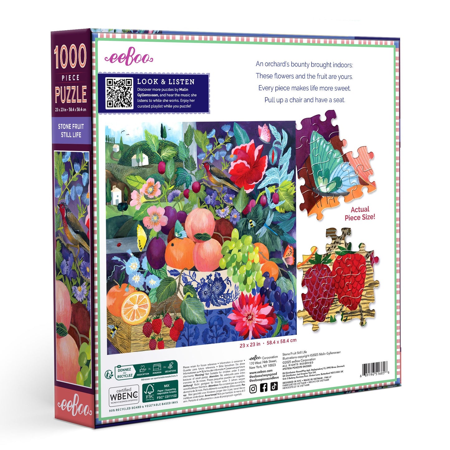 Eeboo 1000 piece puzzle box with colorful fruit and flower design. Stone Fruit Still Life 1000 Piece Puzzle by eeBoo | Unique Beautiful Gifts