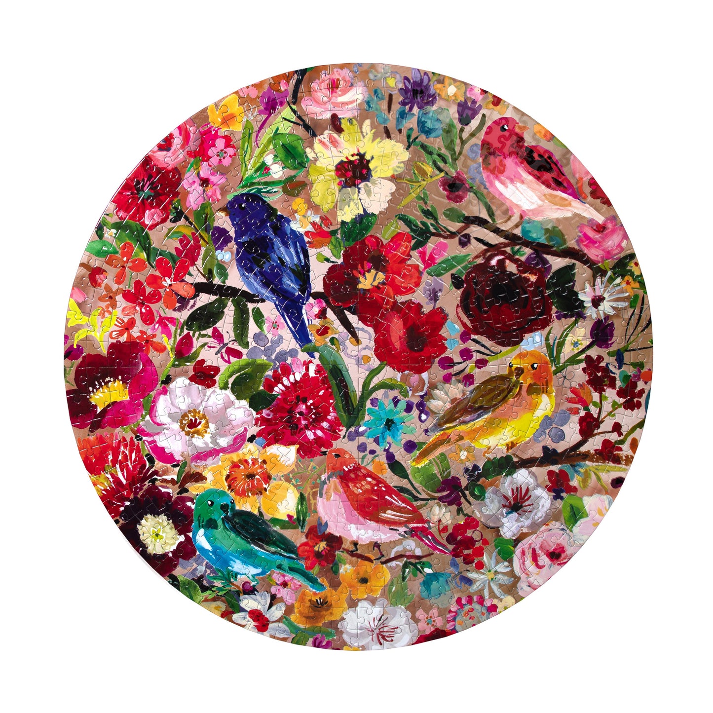 Birds & Blossoms 500 Piece Round Jigsaw Puzzle | Beautiful Unique Gift for Bird & Garden Lovers