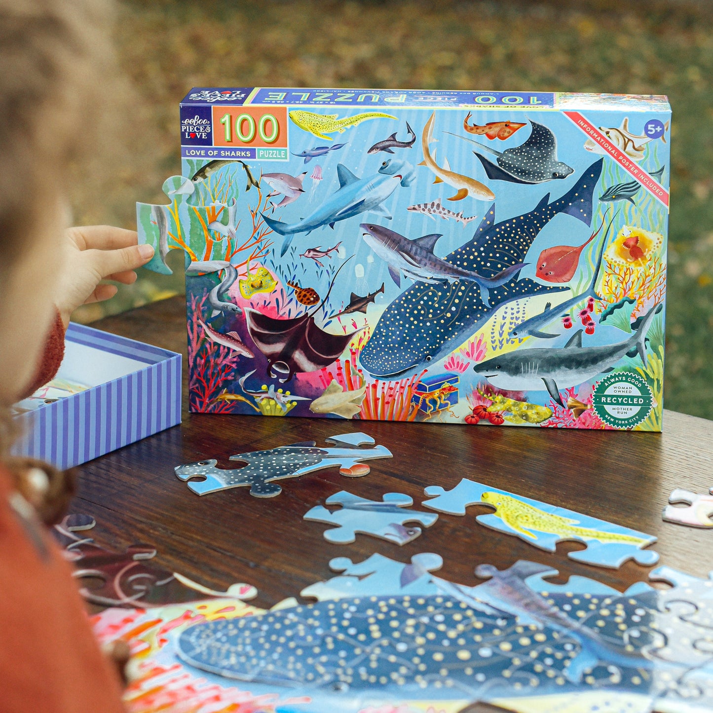 Love of Sharks 100 Piece Ocean Jigsaw Puzzle | Perfect Gift for Kids 5+ Swim with hammerheads, whale, stingrays, and great white sharks