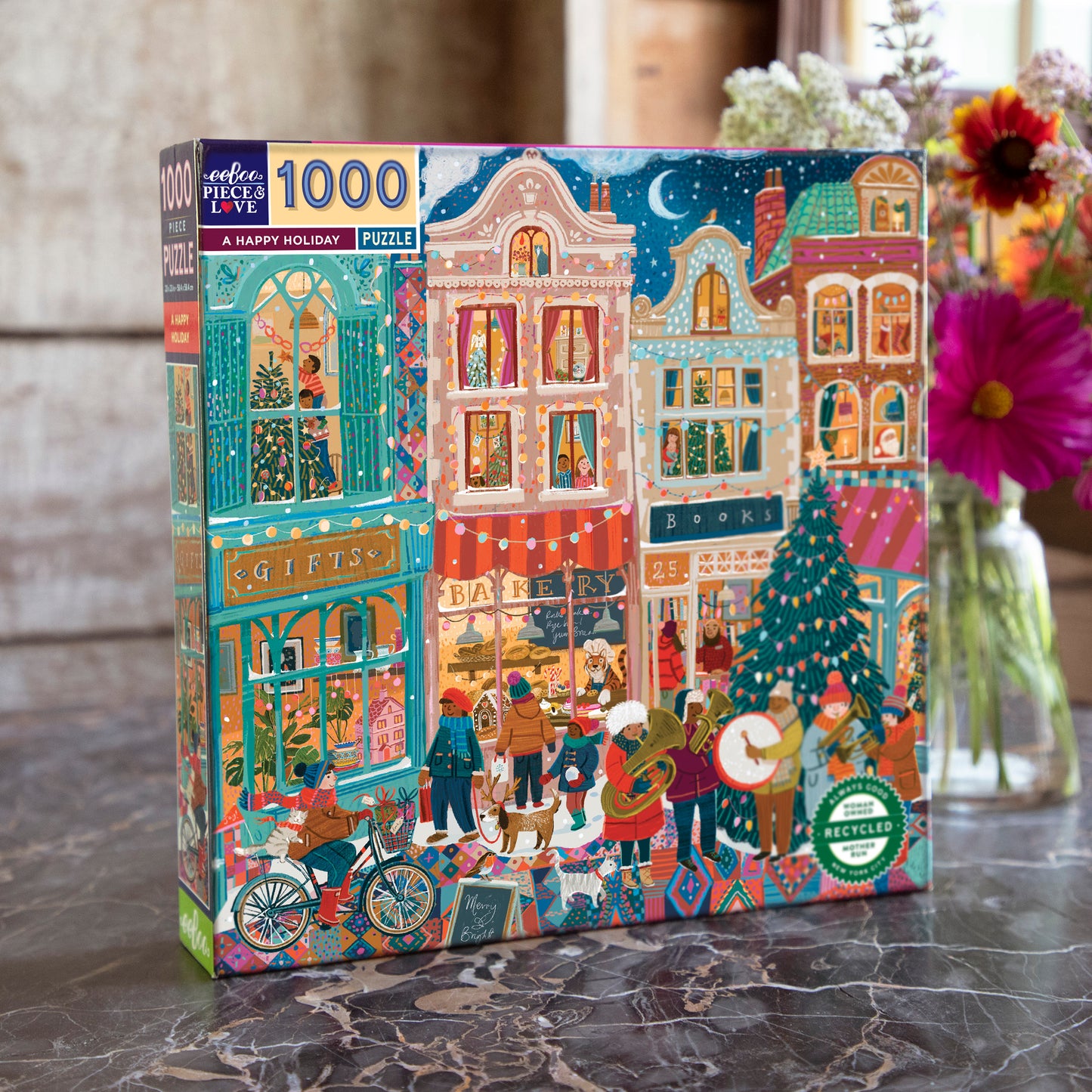 A Happy Holiday 1000 Piece Square Jigsaw Puzzle by eeBoo | Holiday Gifts for Adults and Women