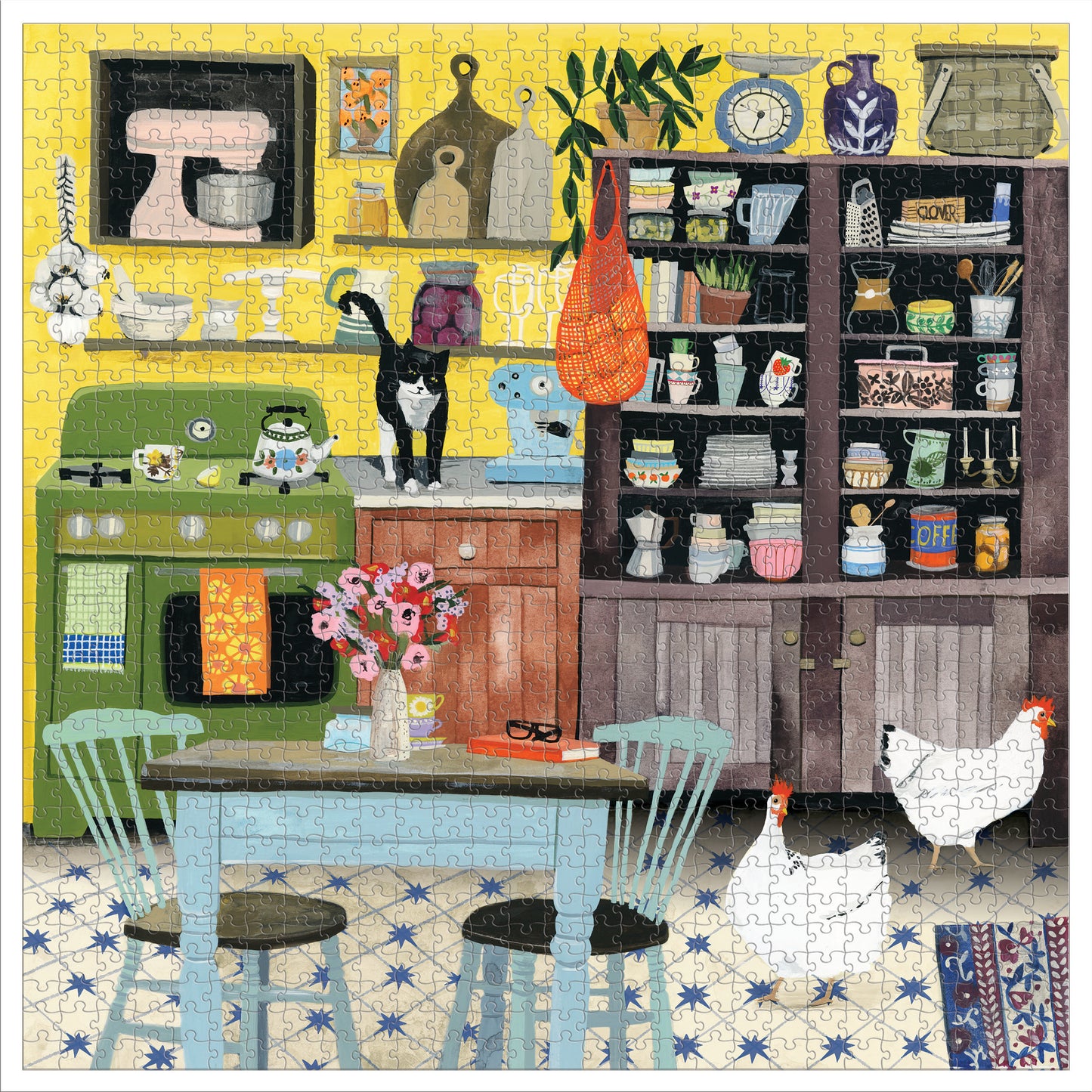 Kitchen Chickens and Cat 1000 Piece Jigsaw Puzzle | eeBoo Piece & Love | Farmhouse Nostalgia Gift