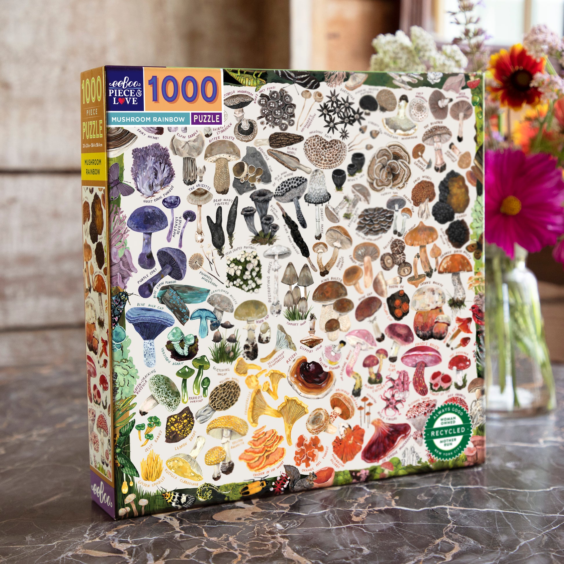 Mushroom Rainbow 1000 Piece Square Jigsaw Puzzle eeBoo | Gifts for Forest Foragers and Fungi Lovers