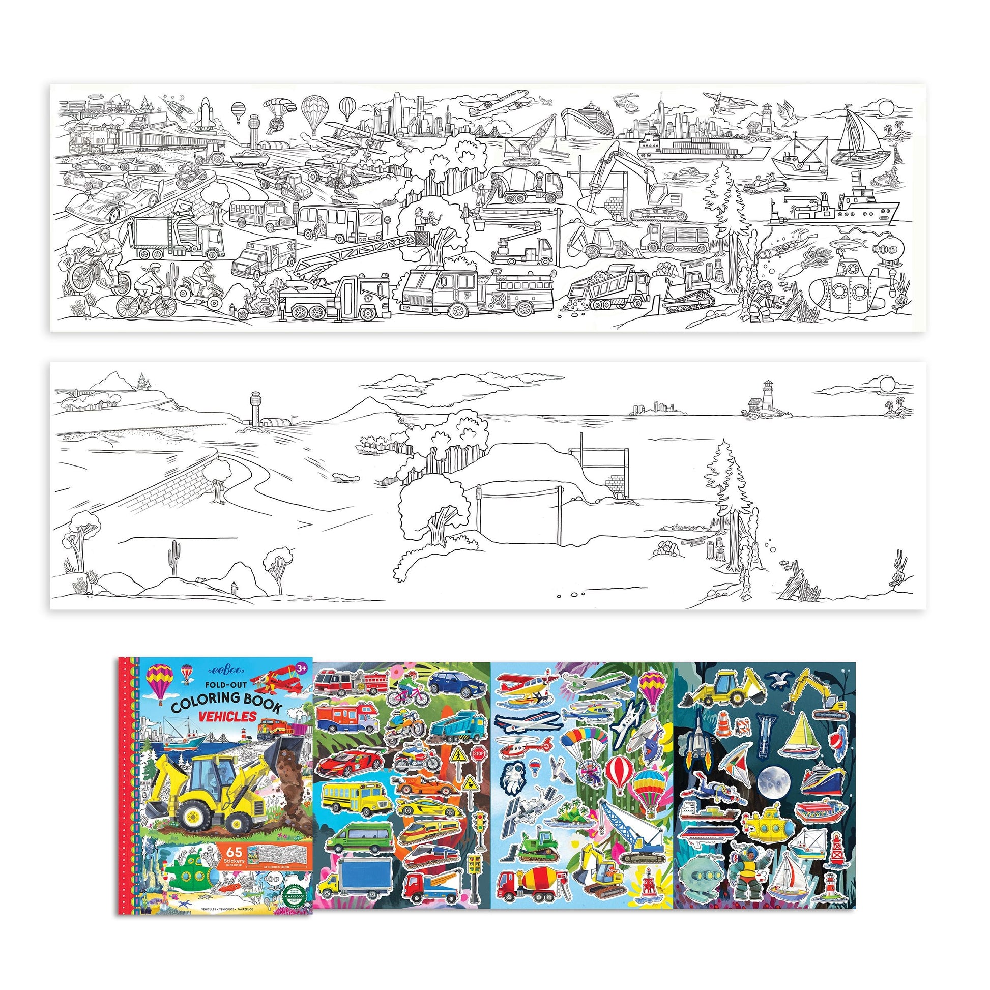 Coloring book titled 'Vehicles' with illustrations of a bulldozer, airplane, and other vehicles. Vehicles Fold-Out Coloring Book