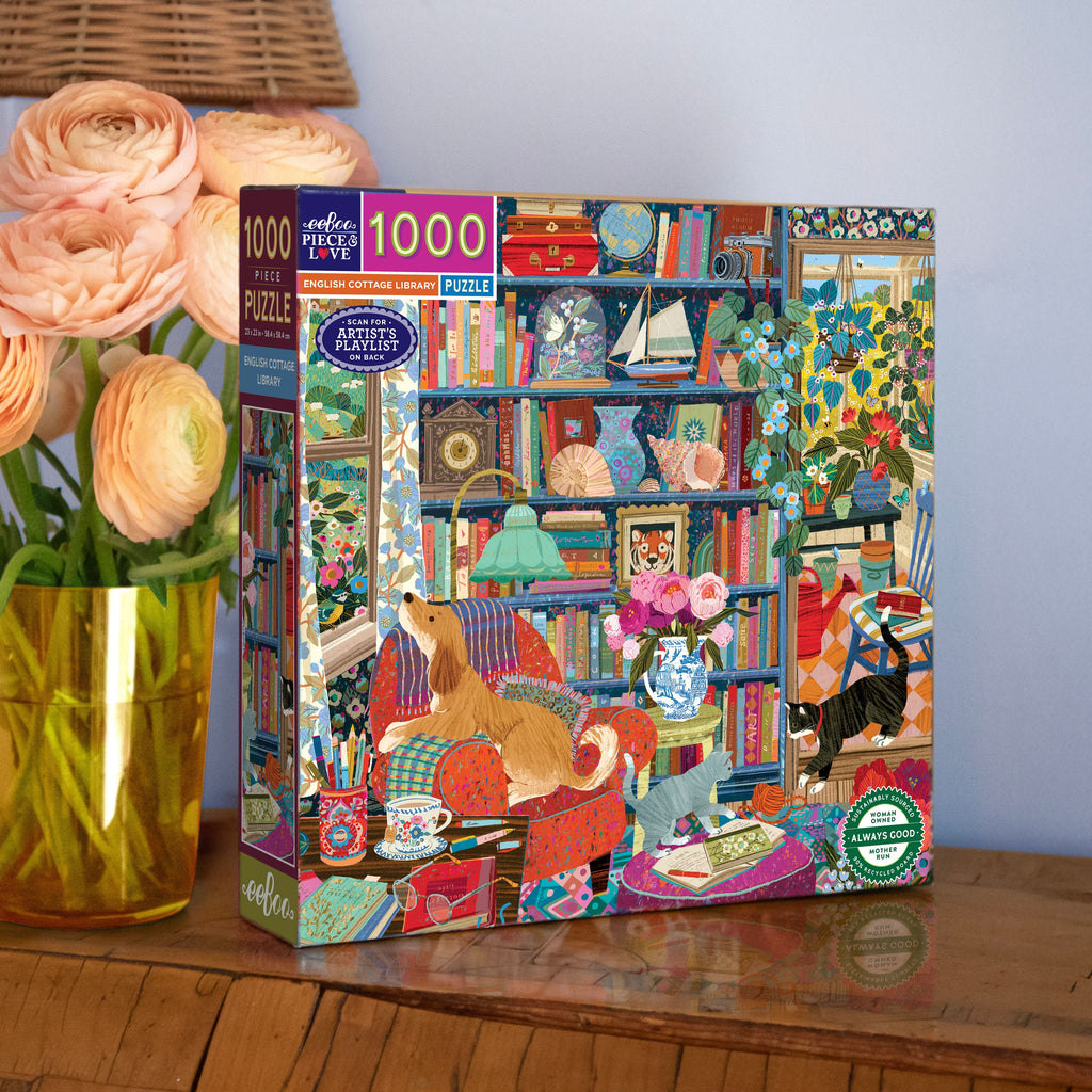 Illustrator Victoria Ball depicts a cozy, eclectic library full of patterns, plants, cats, & bric-a-brac.  1000 Piece Jigsaw Puzzle by eeBoo