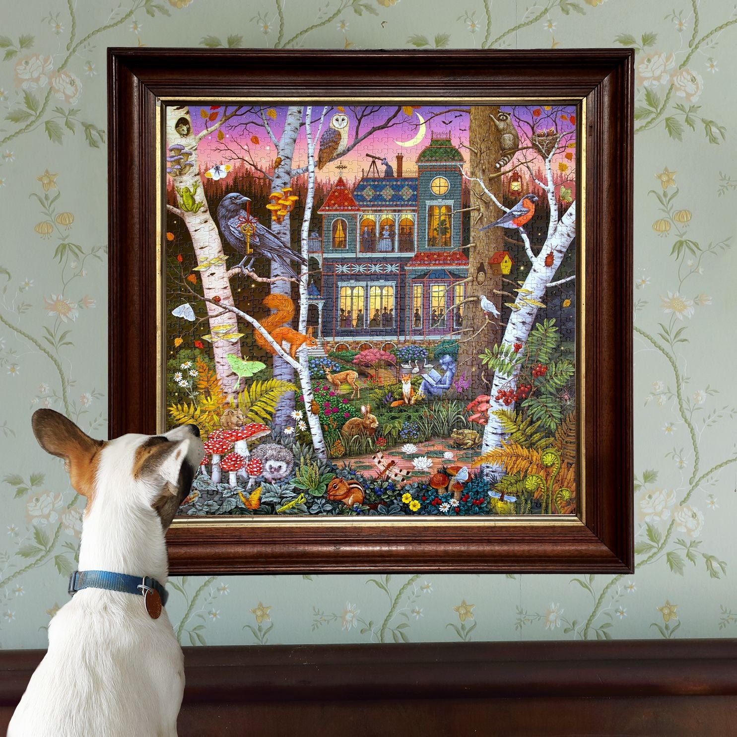 Jigsaw puzzle box with a forest scene design featuring animals and a house. Alchemist's Forest 1000 Piece Puzzle