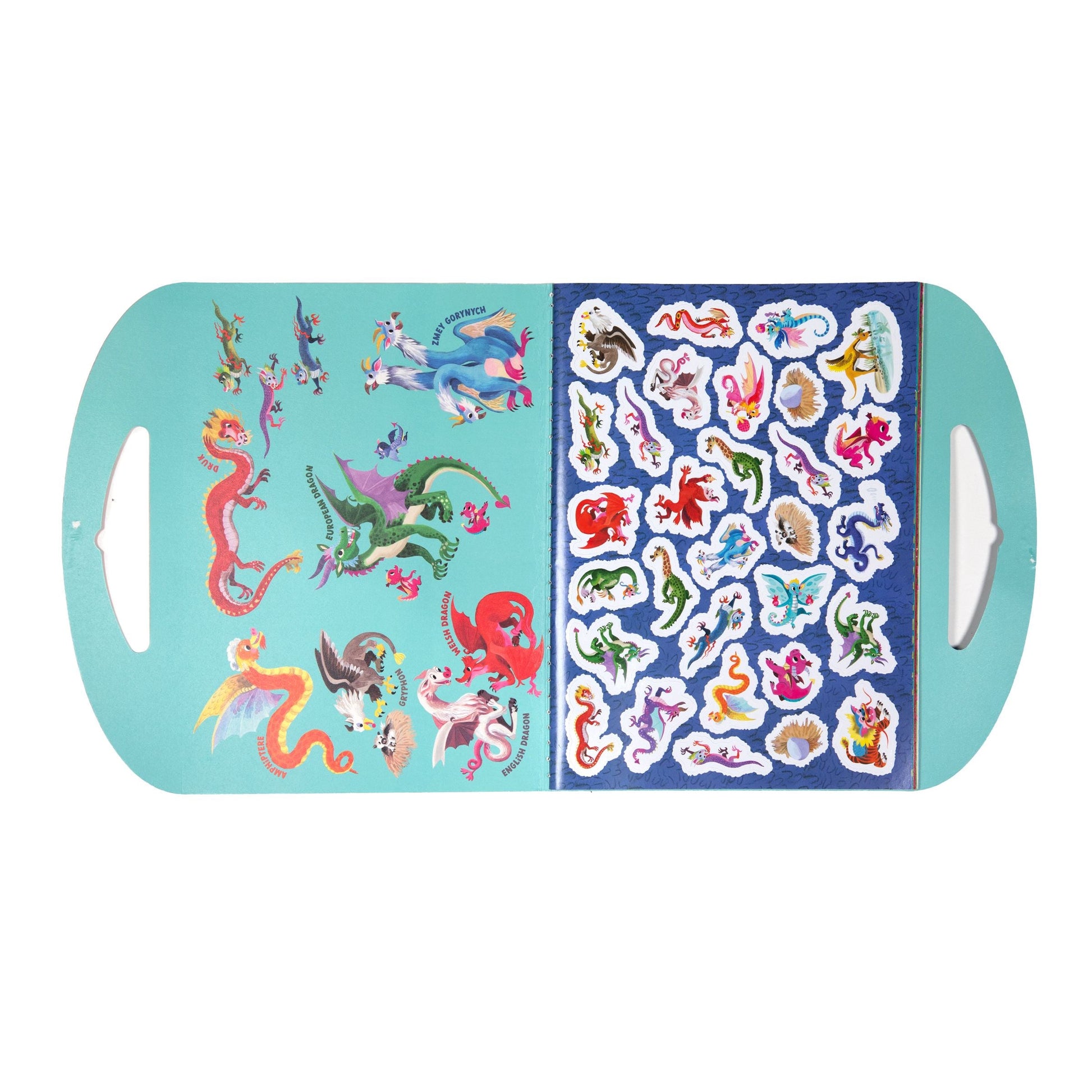 Packaging of sticker book with colorful dragons.