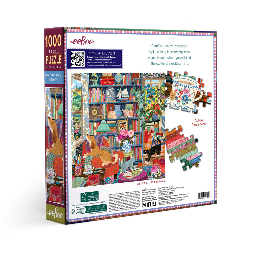 Illustrator Victoria Ball depicts a cozy, eclectic library full of patterns, plants, cats, & bric-a-brac.  1000 Piece Jigsaw Puzzle by eeBoo
