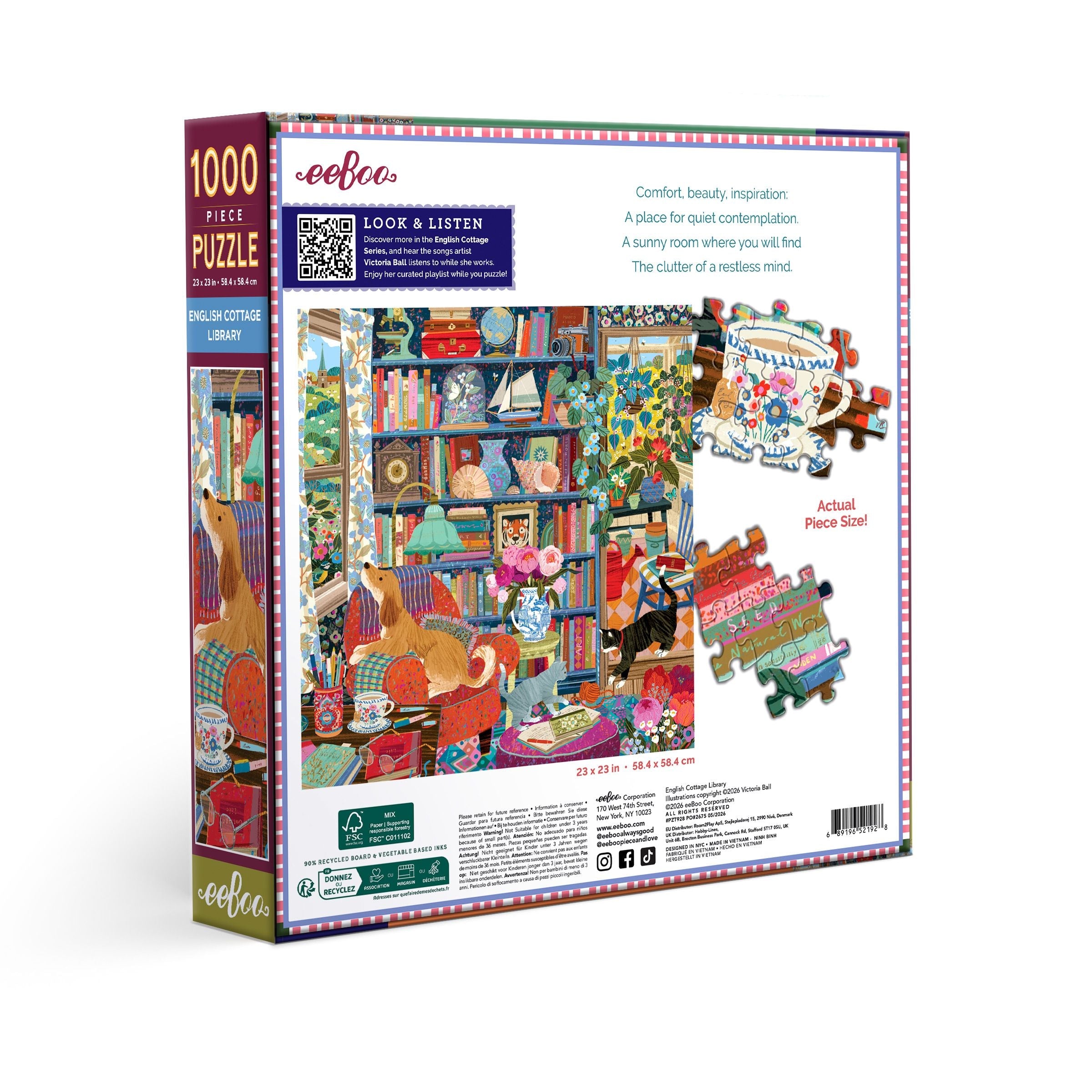 Illustrator Victoria Ball depicts a cozy, eclectic library full of patterns, plants, cats, & bric-a-brac.  1000 Piece Jigsaw Puzzle by eeBoo