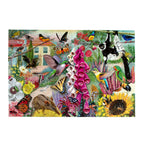 Jigsaw puzzle box featuring a colorful illustration of pollinators and flowers. 100 piece jigsaw puzzle by eeBoo