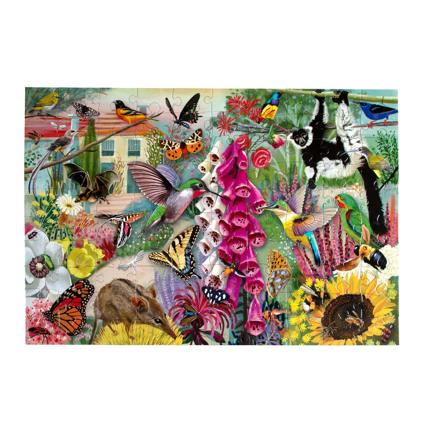 Jigsaw puzzle box featuring a colorful illustration of pollinators and flowers. 100 piece jigsaw puzzle by eeBoo