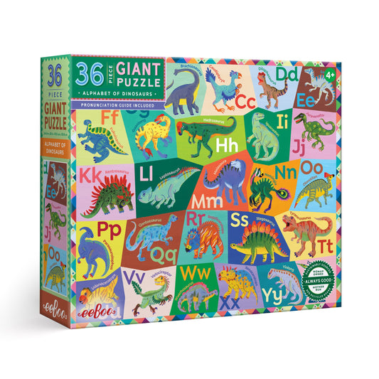 Giant puzzle box with dinosaur illustrations and alphabet letters on a colorful background.Alphabet of Dinosaurs 36 Piece Giant Puzzle by eeBoo | Unique Fun Gifts