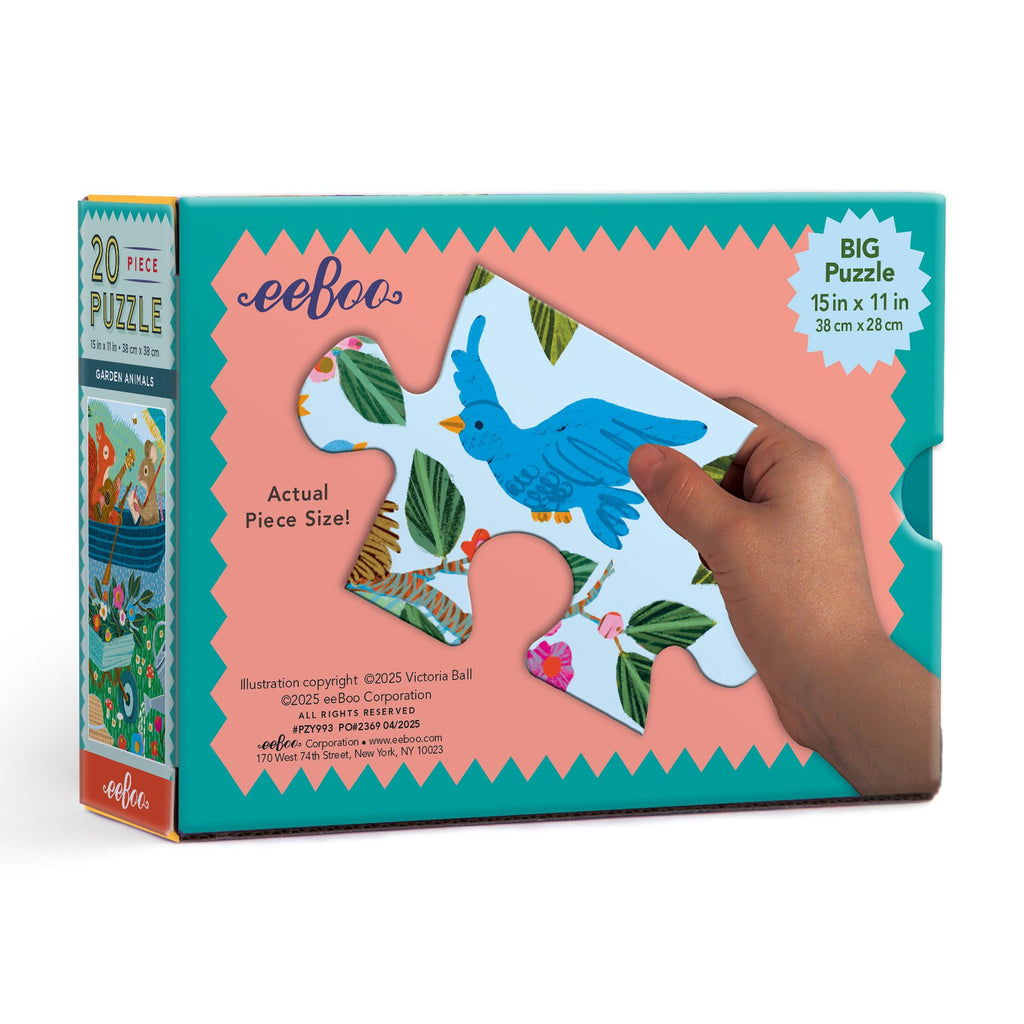 eeBoo puzzle box with a hand holding a piece. Garden Animals 20 Piece Puzzle by eeBoo | Unique Fun Gifts