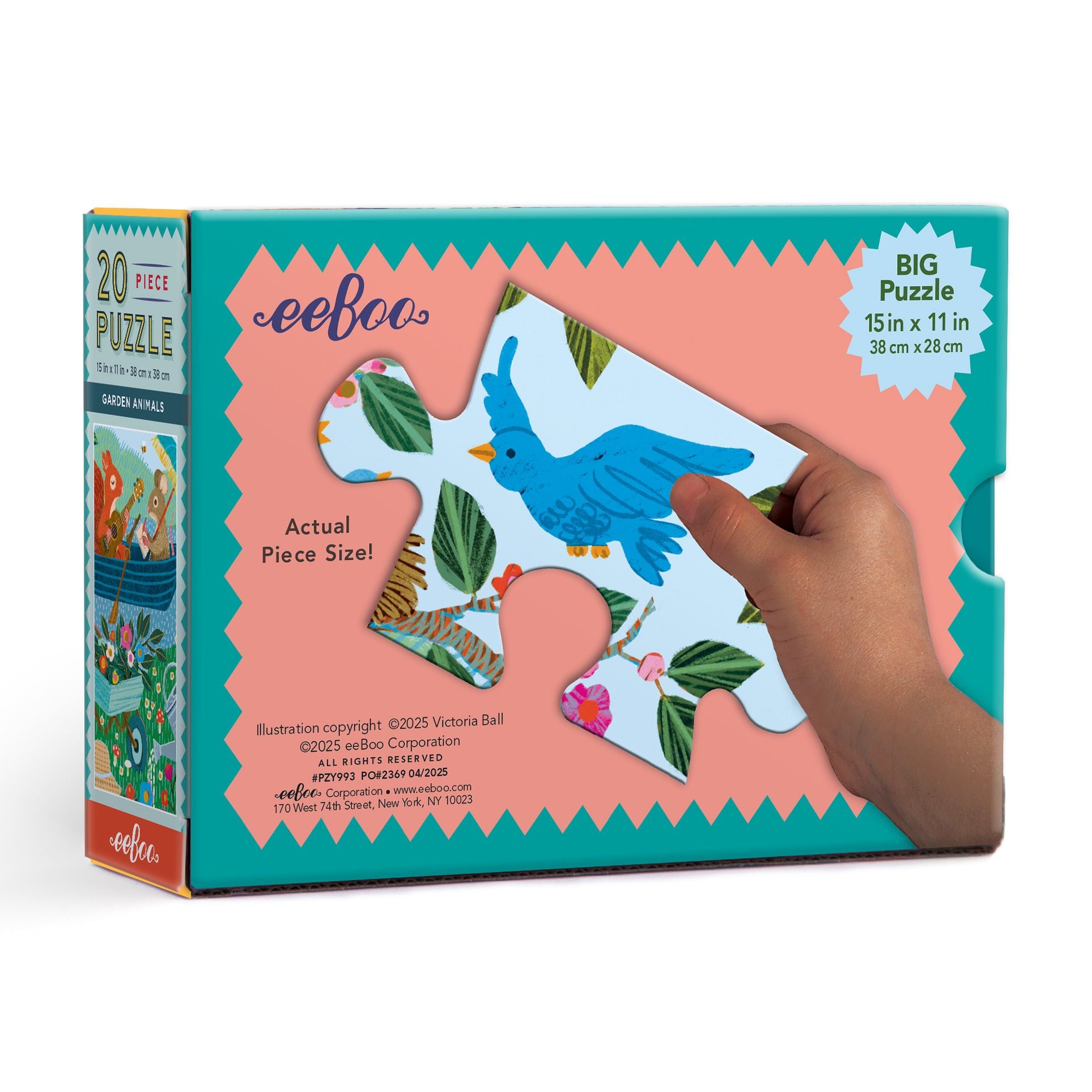 eeBoo puzzle box with a hand holding a piece. Garden Animals 20 Piece Puzzle by eeBoo | Unique Fun Gifts