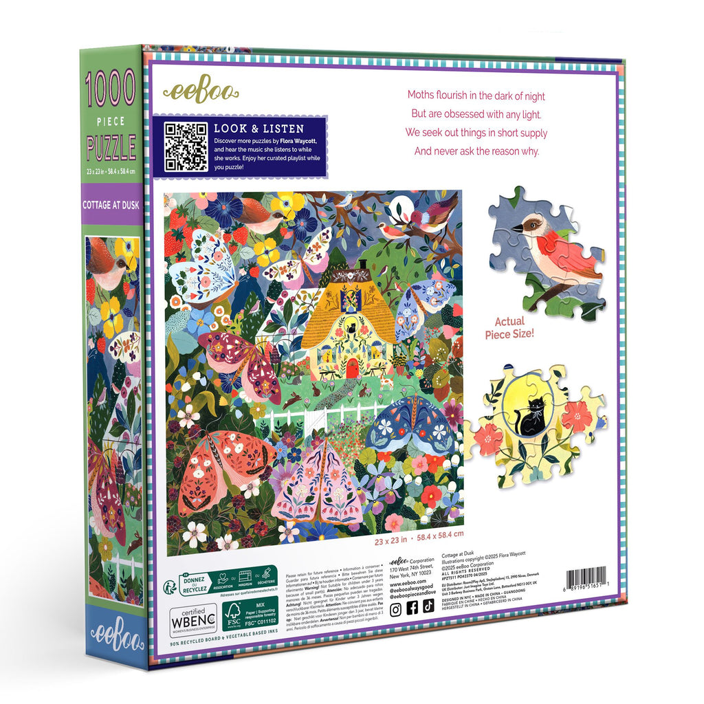 Puzzle box with colorful design featuring a cottage, animals, and nature elements. Cottage at Dusk 1000 Piece Puzzle by eeBoo | Unique Beautiful Gifts