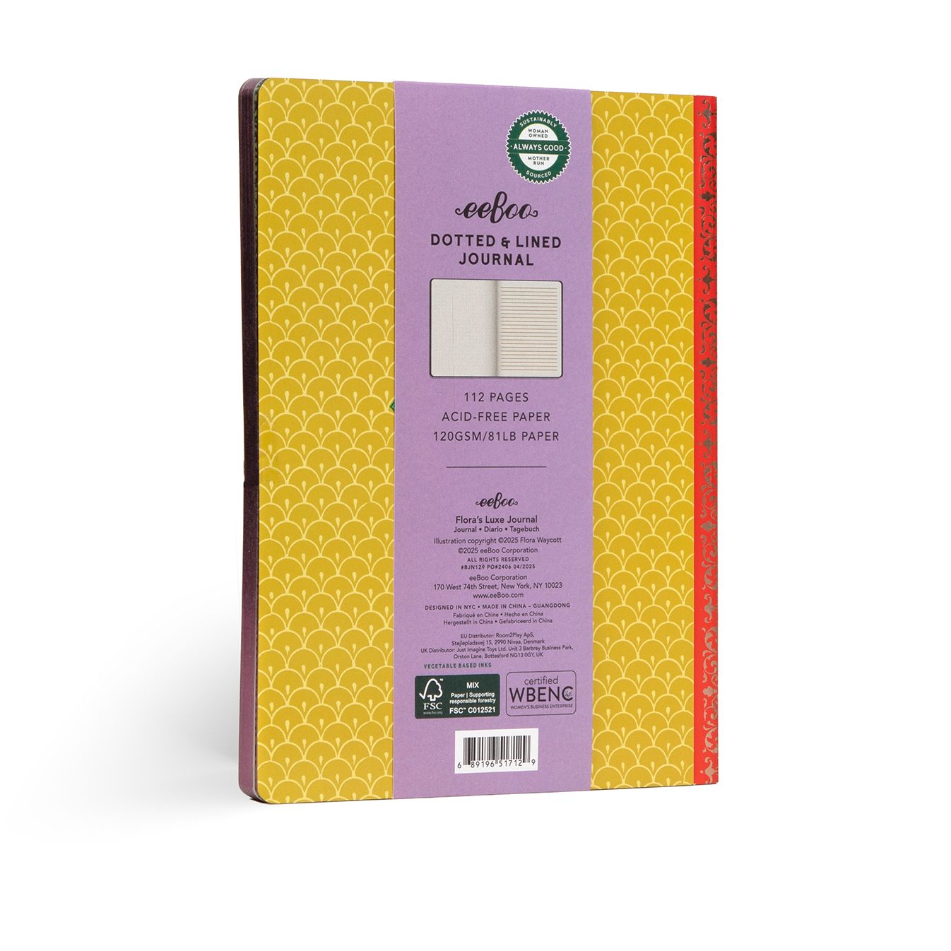 Journal with yellow design  on back. Flora's Luxe Journal by eeBoo | Unique Beautiful Gifts
