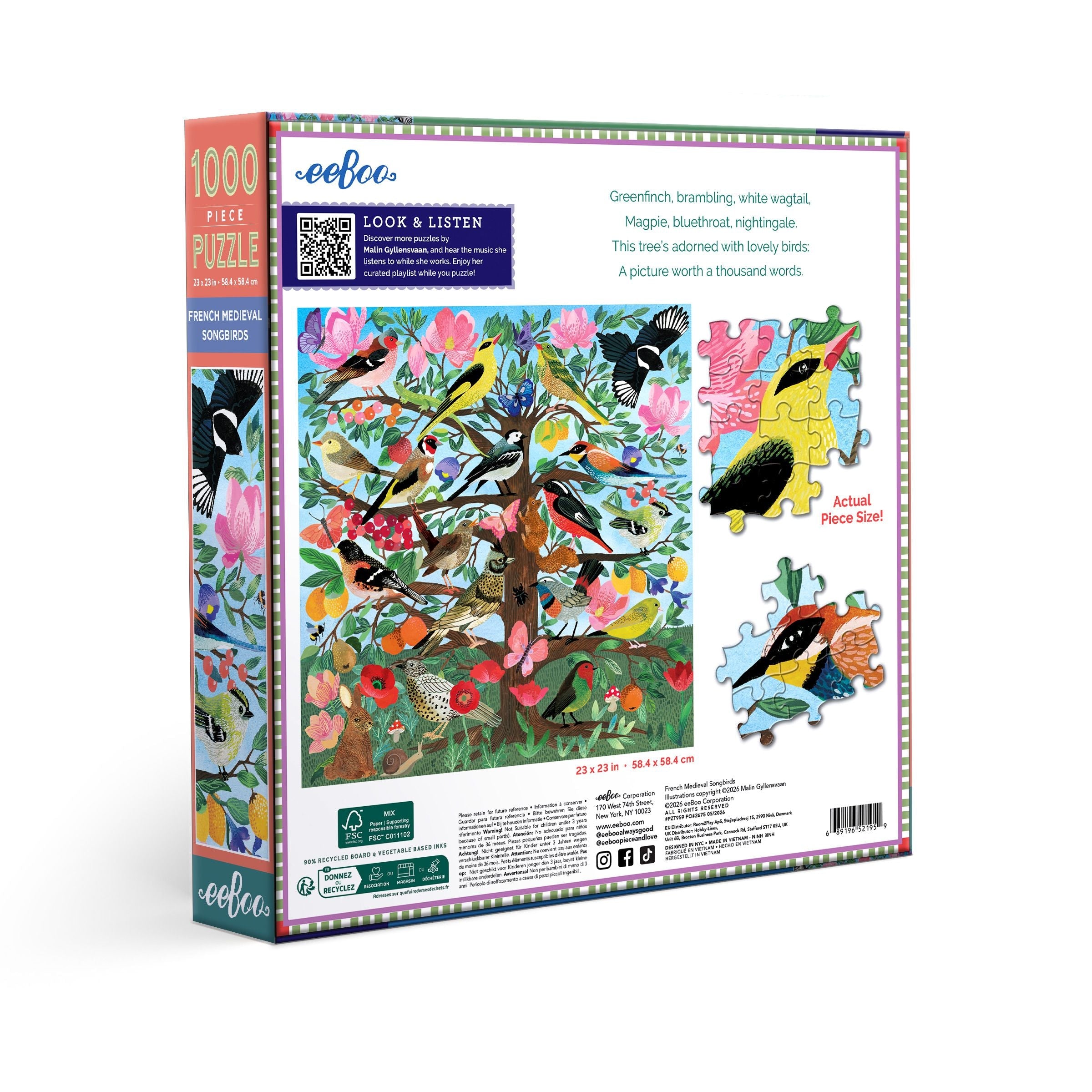 Artist Malin Gyllensvaan depicts a colorful tree of fruits & berries populated by French songbirds like Bluethroat, Redstart & more. 1000 Piece Jigsaw Puzzle by eeBoo 