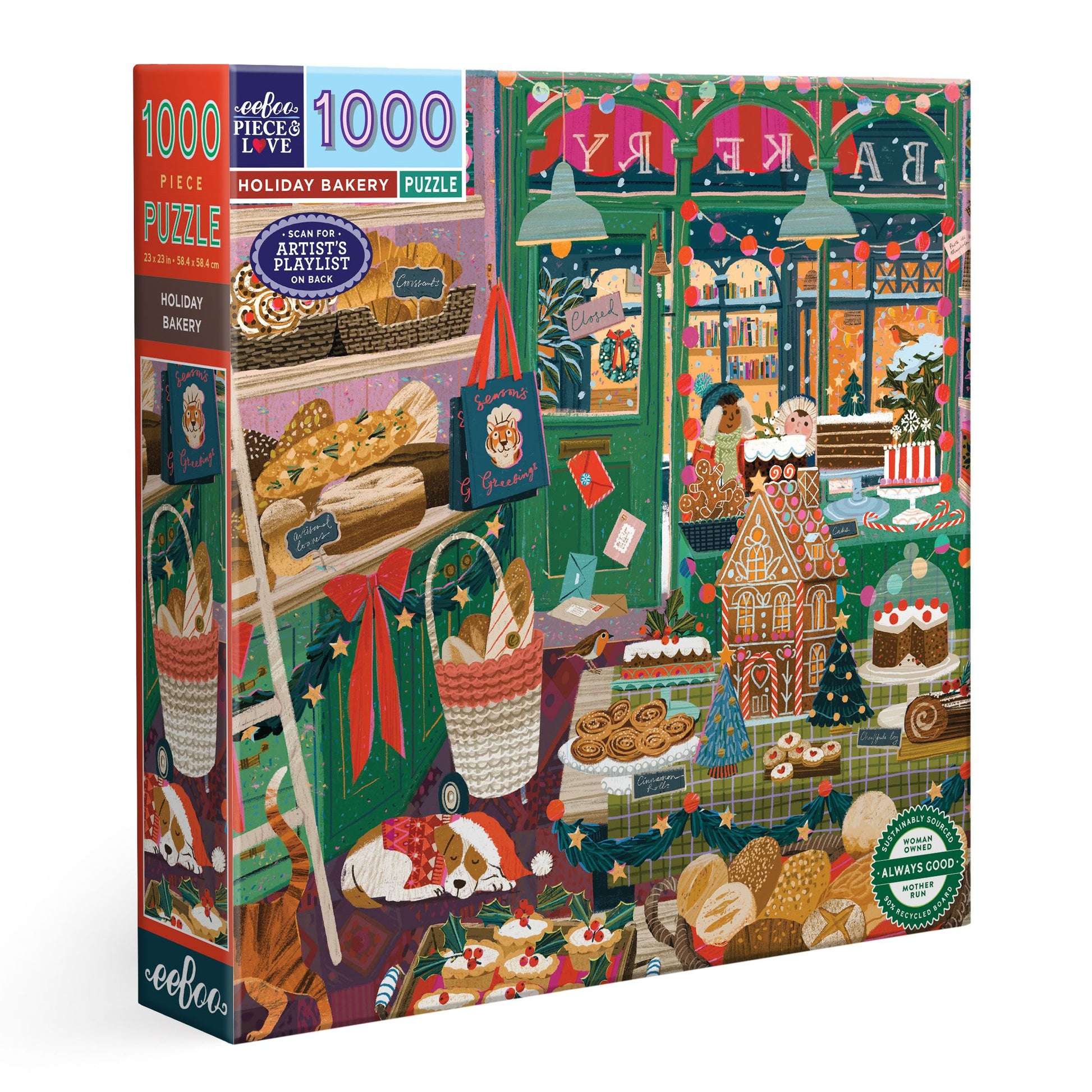 Jigsaw puzzle with a festive bakery scene design. Holiday Bakery 1000 Piece Puzzle by eeBoo | Unique Beautiful Gifts