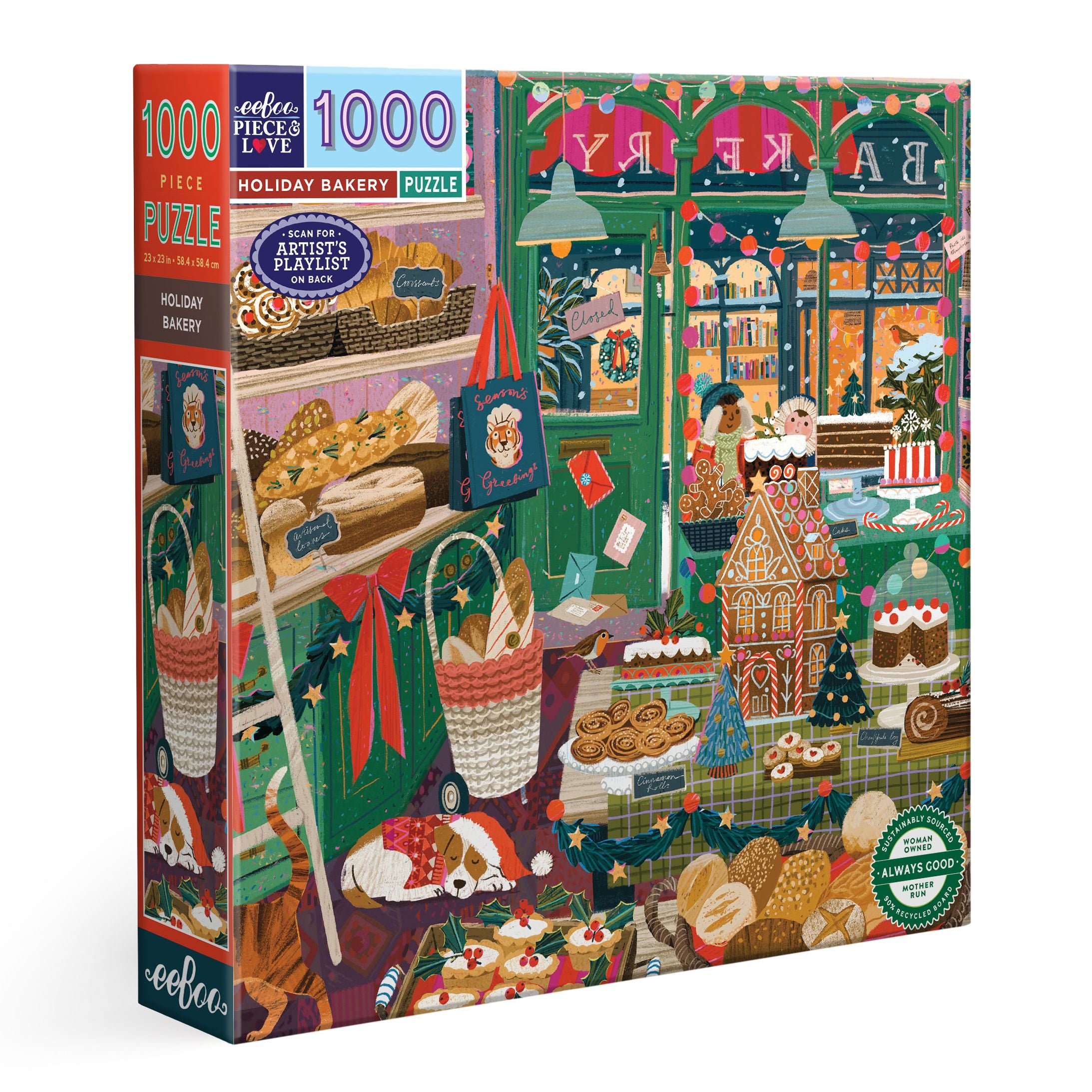 Jigsaw puzzle with a festive bakery scene design. Holiday Bakery 1000 Piece Puzzle by eeBoo | Unique Beautiful Gifts