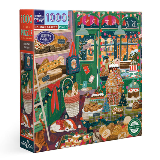 Jigsaw puzzle with a festive bakery scene design. Holiday Bakery 1000 Piece Puzzle by eeBoo | Unique Beautiful Gifts