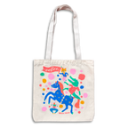 Tote bag with colorful design of a person riding a unicorn on a white background