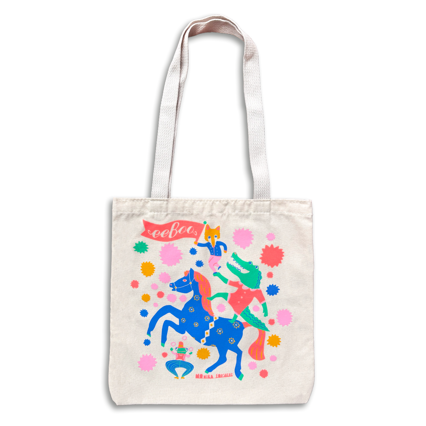 Tote bag with colorful design of a person riding a unicorn on a white background