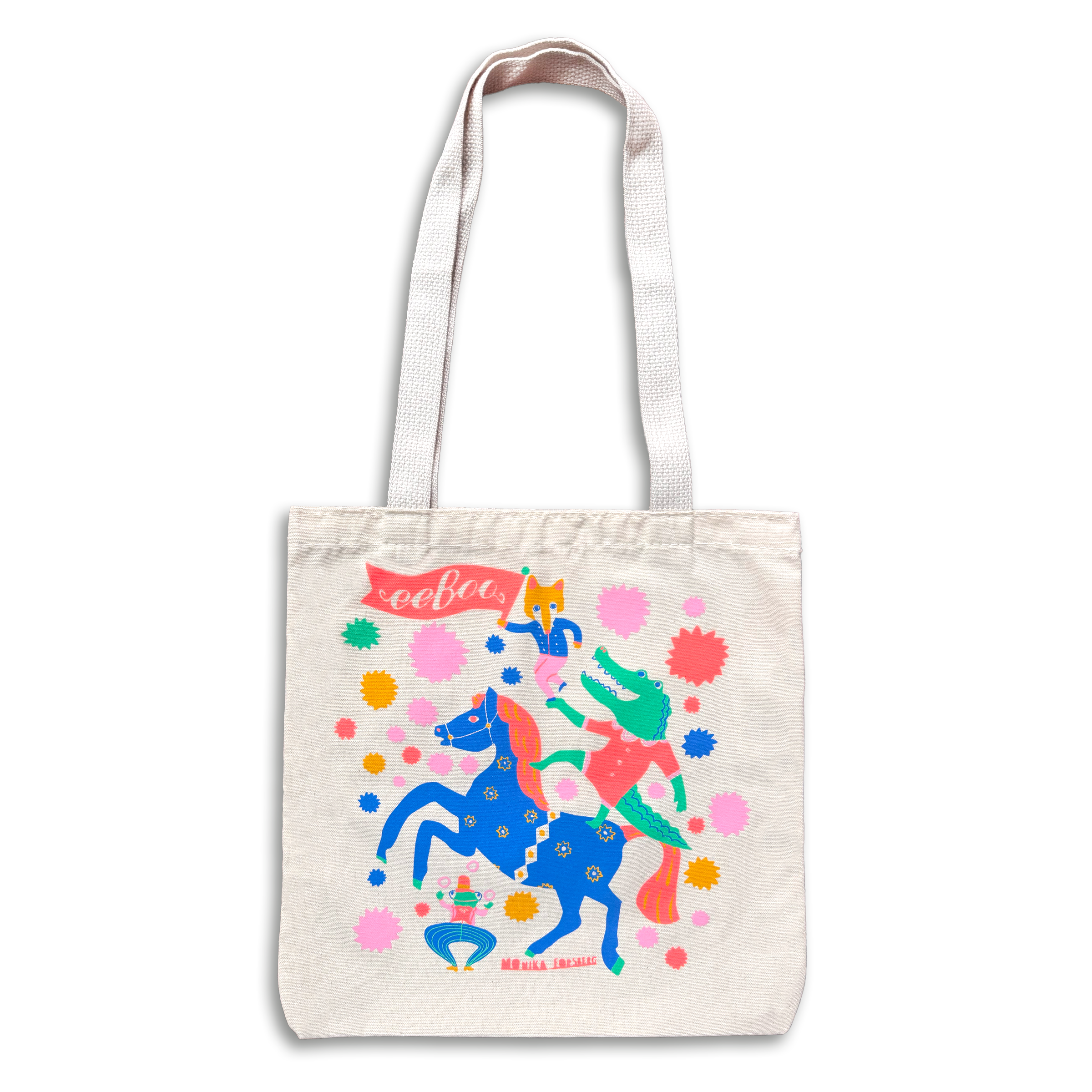 Tote bag with colorful design of a person riding a unicorn on a white background