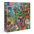 Jigsaw puzzle box with a colorful illustration of a greenhouse scene, featuring plants and people. Alchemist's Greenhouse 1000 Piece Puzzle by eeBoo | Unique Beautiful Gifts