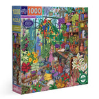 Jigsaw puzzle box with a colorful illustration of a greenhouse scene, featuring plants and people. Alchemist's Greenhouse 1000 Piece Puzzle by eeBoo | Unique Beautiful Gifts