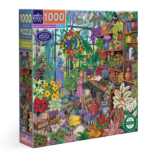 Jigsaw puzzle box with a colorful illustration of a greenhouse scene, featuring plants and people. Alchemist's Greenhouse 1000 Piece Puzzle by eeBoo | Unique Beautiful Gifts