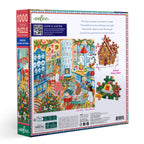 Puzzle box with colorful illustration of a kitchen scene and gingerbread house, featuring eeBoo branding. swedish-holiday-kitchen-1000-piece-puzzle