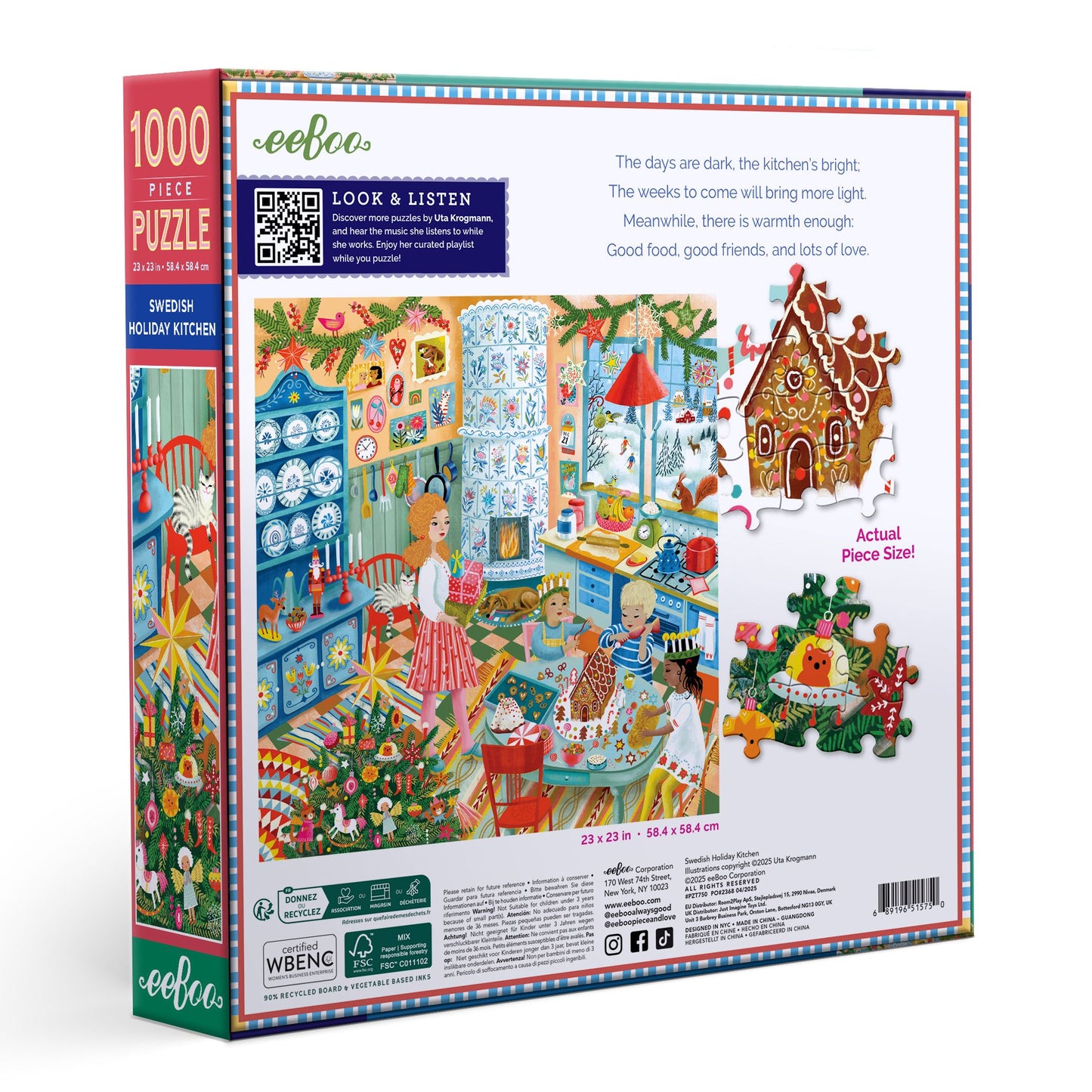 Puzzle box with colorful illustration of a kitchen scene and gingerbread house, featuring eeBoo branding. swedish-holiday-kitchen-1000-piece-puzzle