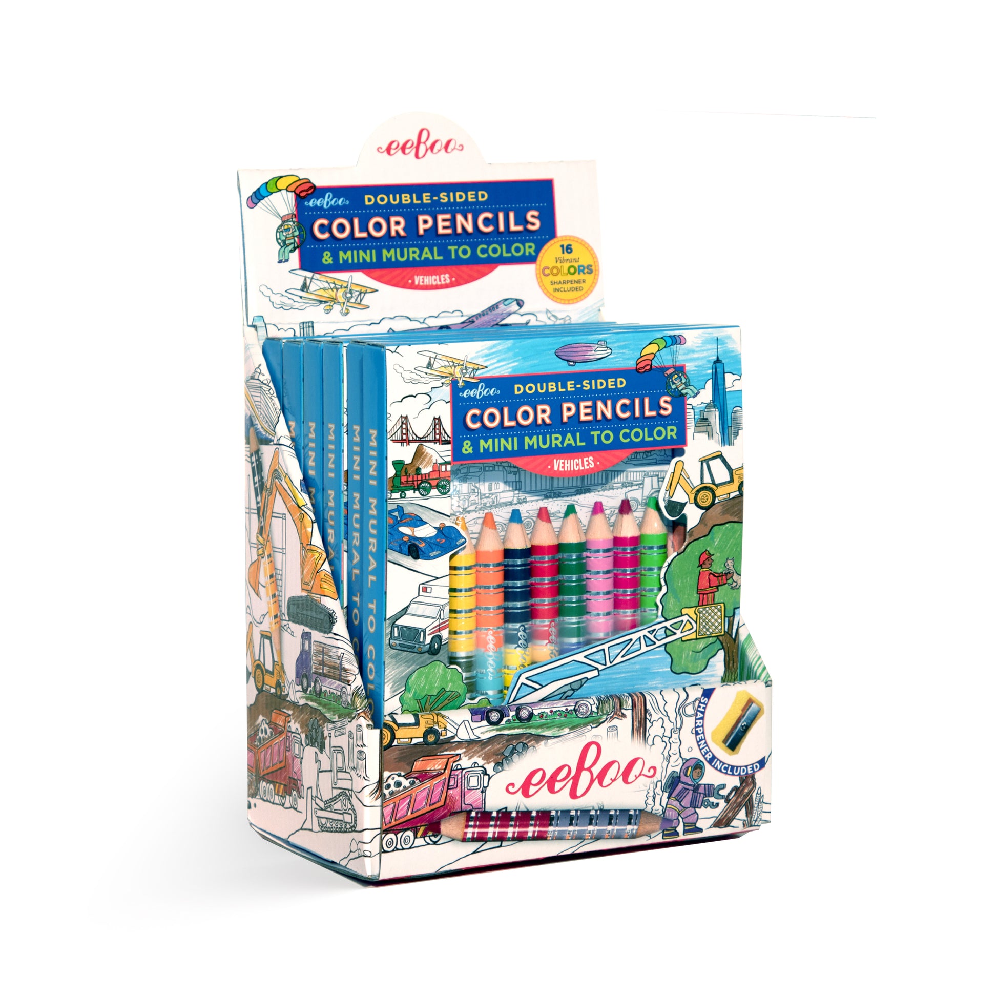 Pack of double-sided color pencils with a mini mural of vehicles on the packaging, featuring the brand 'eeBoo'.