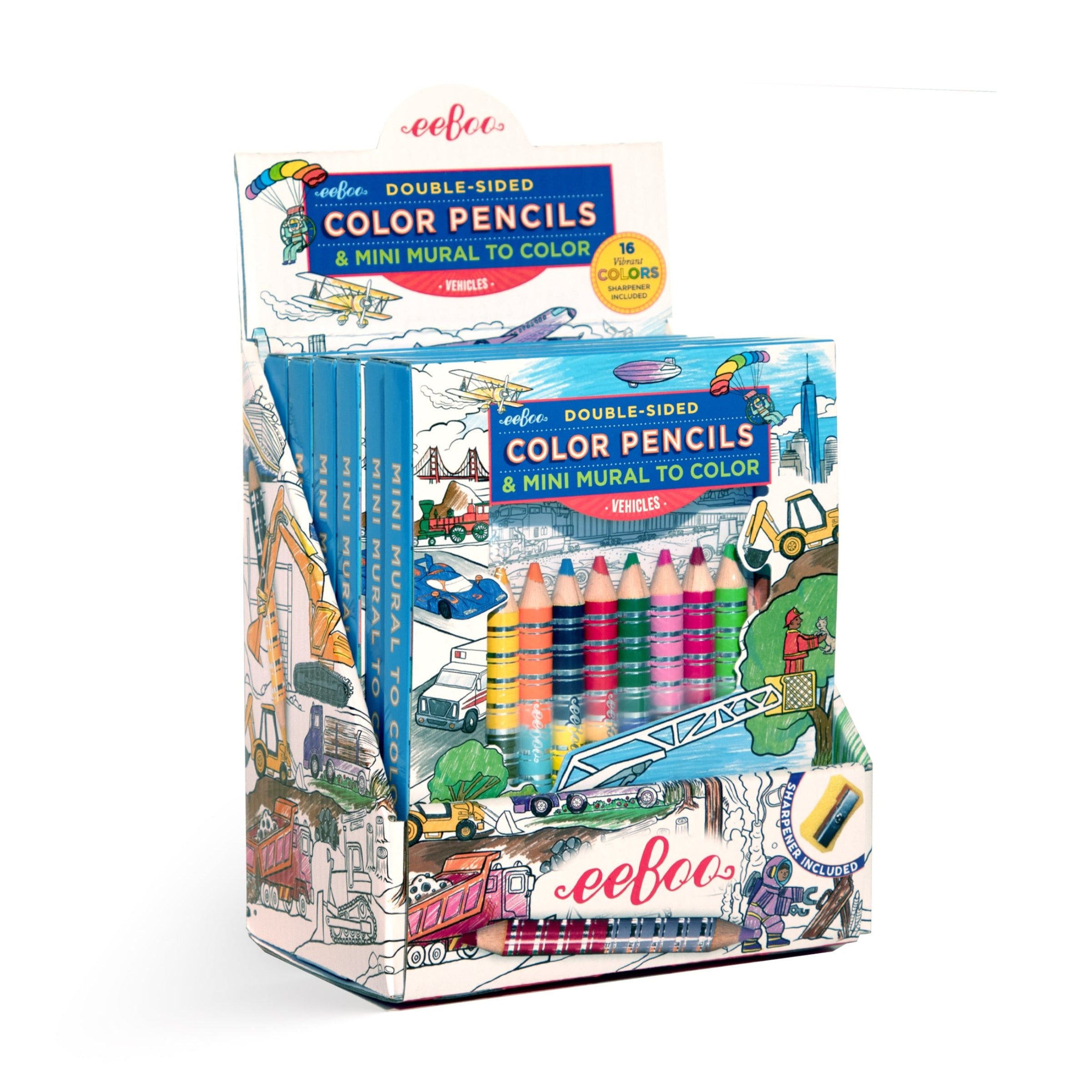 Pack of double-sided color pencils with a mini mural of vehicles on the packaging, featuring the brand 'eeBoo'.