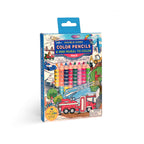 Pack of double-sided color pencils with a mini mural illustration of Vehicles