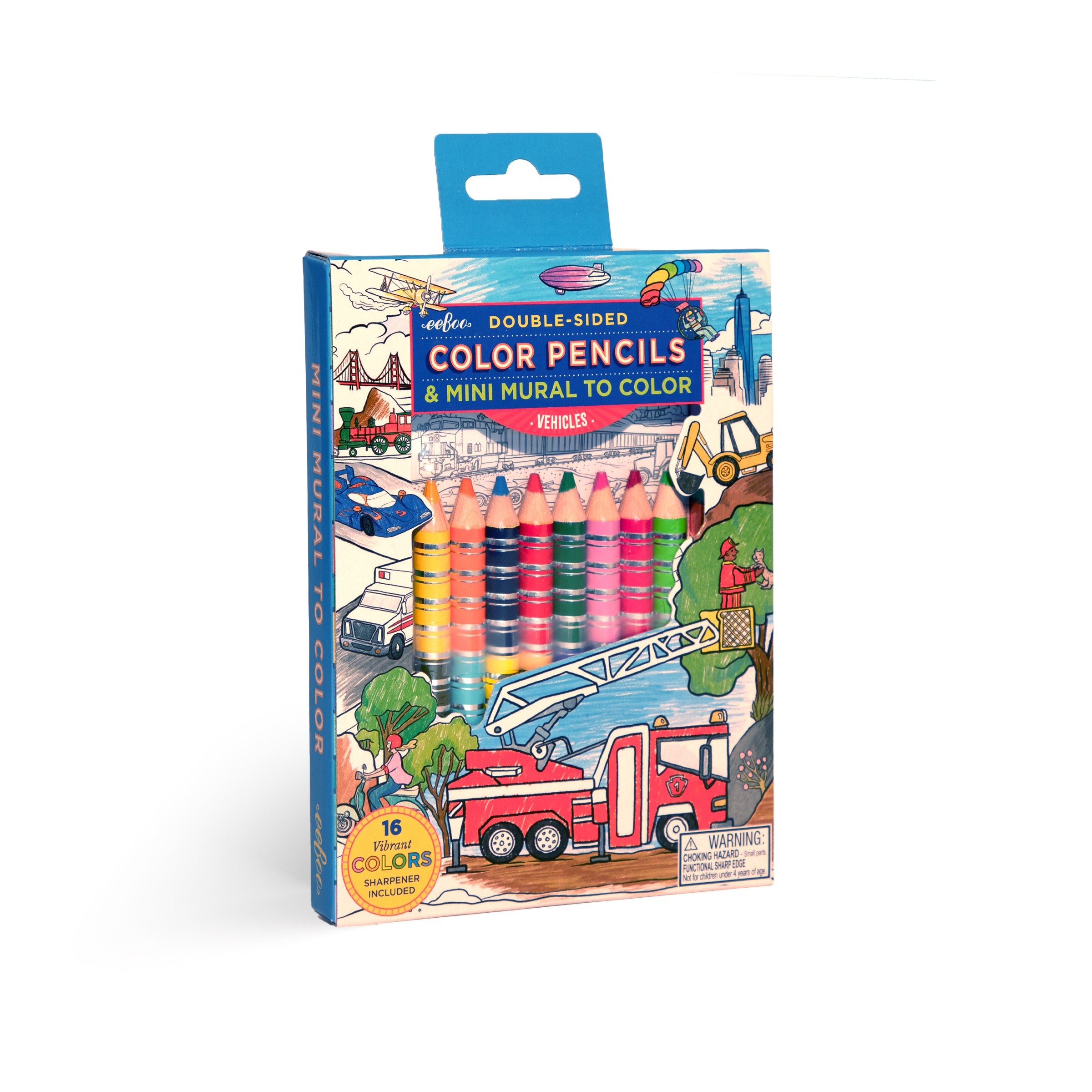 Pack of double-sided color pencils with a mini mural illustration of Vehicles