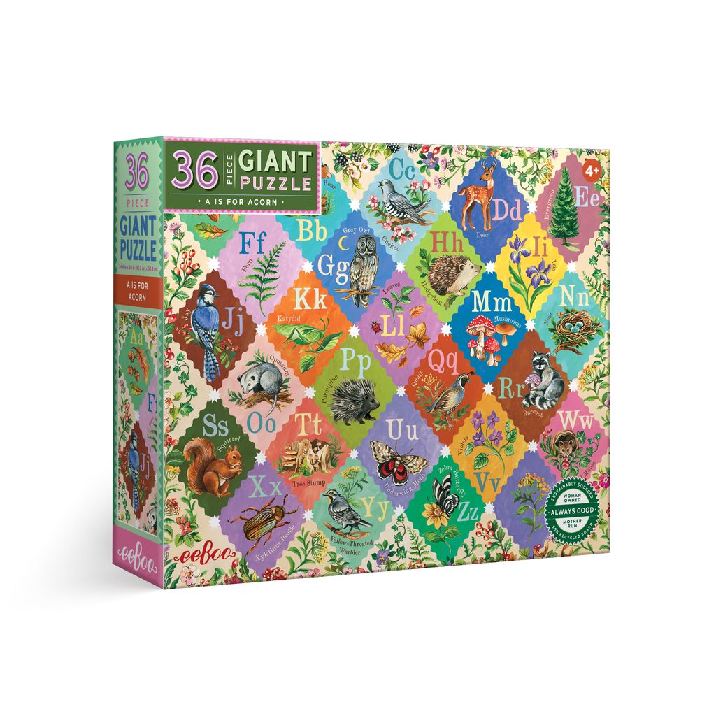 Giant puzzle box with colorful alphabet design. A is for Acorn 36 Piece Giant Alphabet Puzzle