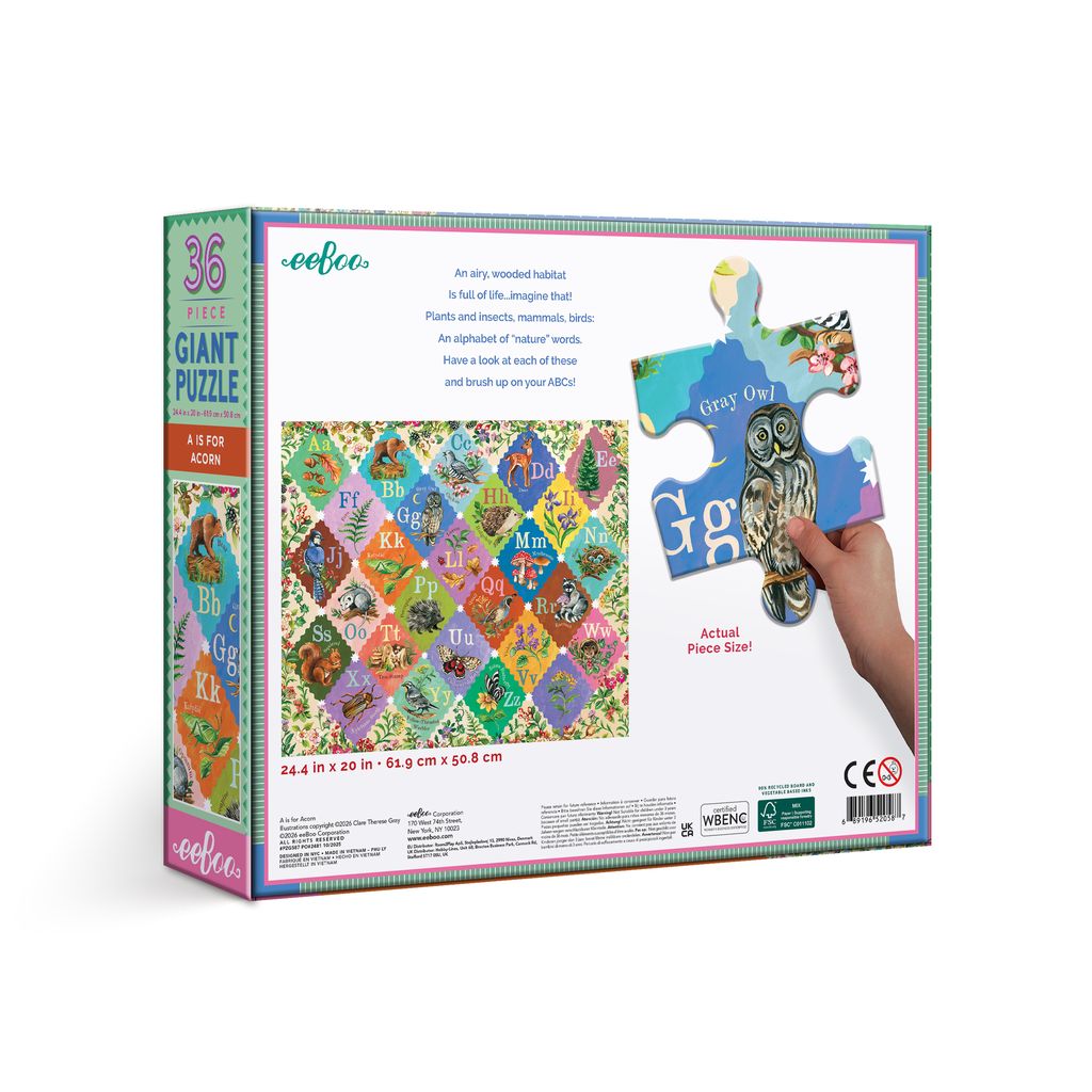 Giant puzzle box with colorful design and text. A is for Acorn 36 Piece Giant Alphabet Puzzle