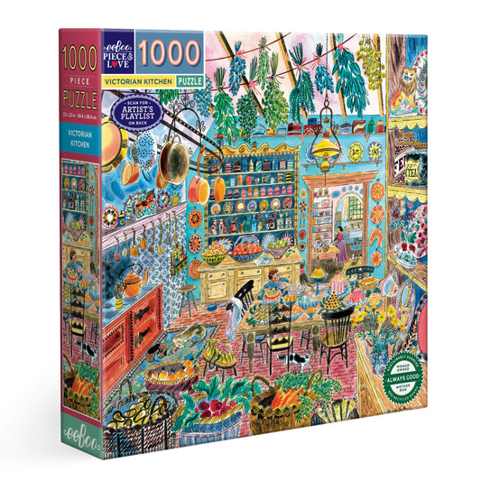 Jigsaw puzzle box with a colorful illustration of a Victorian kitchen scene. Victorian Kitchen 1000 Piece Puzzle by eeBoo | Unique Beautiful Gifts