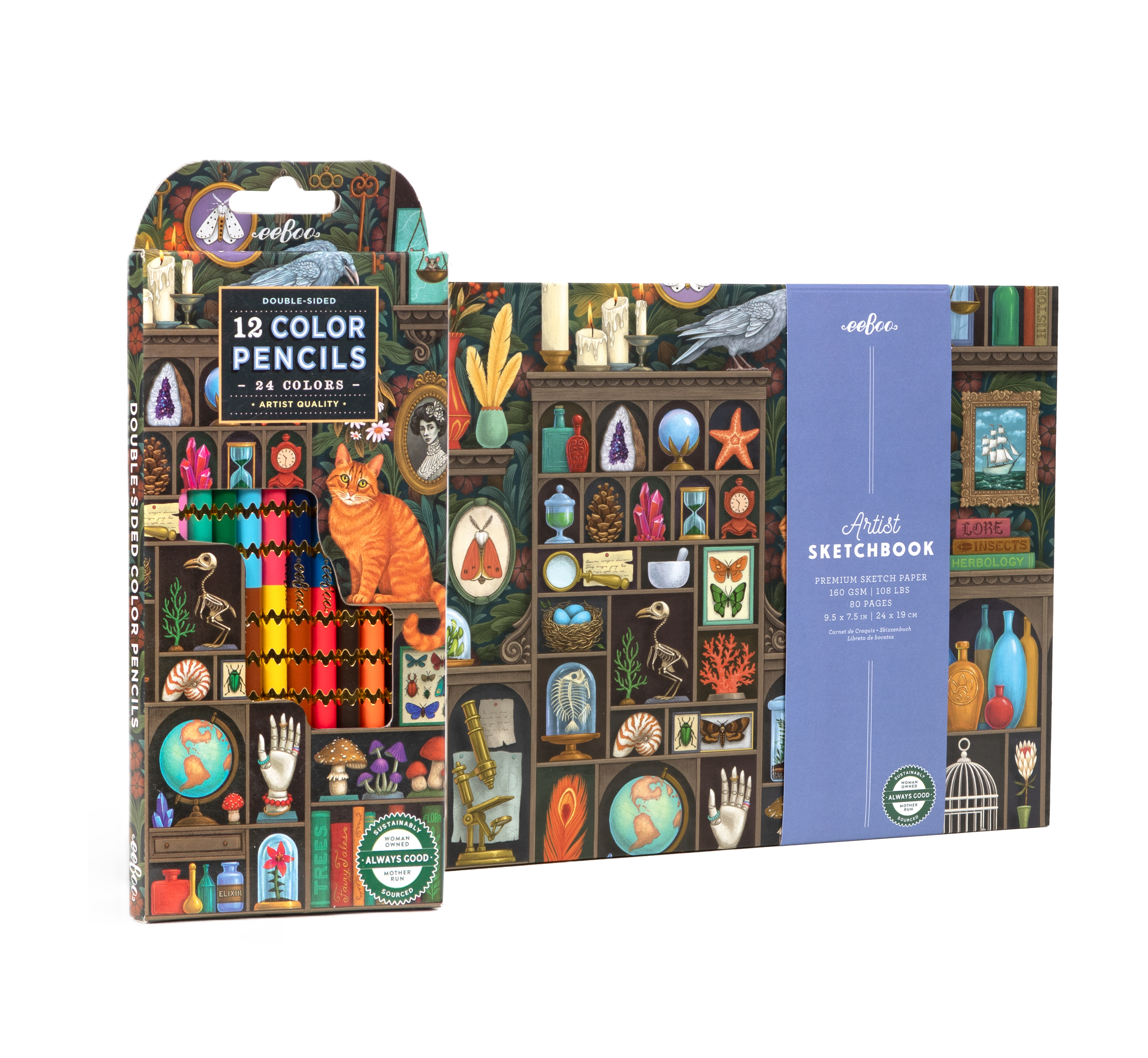A boxed set of artist pencils and a sketchbook. The packaging features an intricate, highly detailed illustration of a bookshelf filled with various colorful objects and a cat.