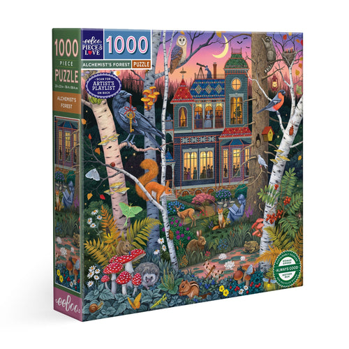 Jigsaw puzzle with a forest scene design featuring animals and a house. Alchemist's Forest 1000 Piece Puzzle