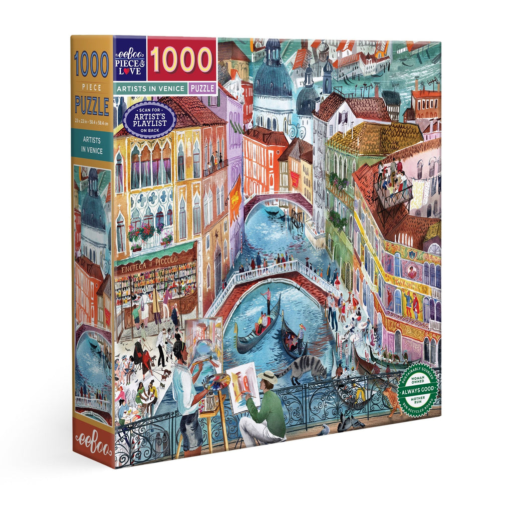 Puzzle box with a colorful depiction of a Venetian canal and buildings. Artists in Venice Italy 1000 Piece Puzzle
